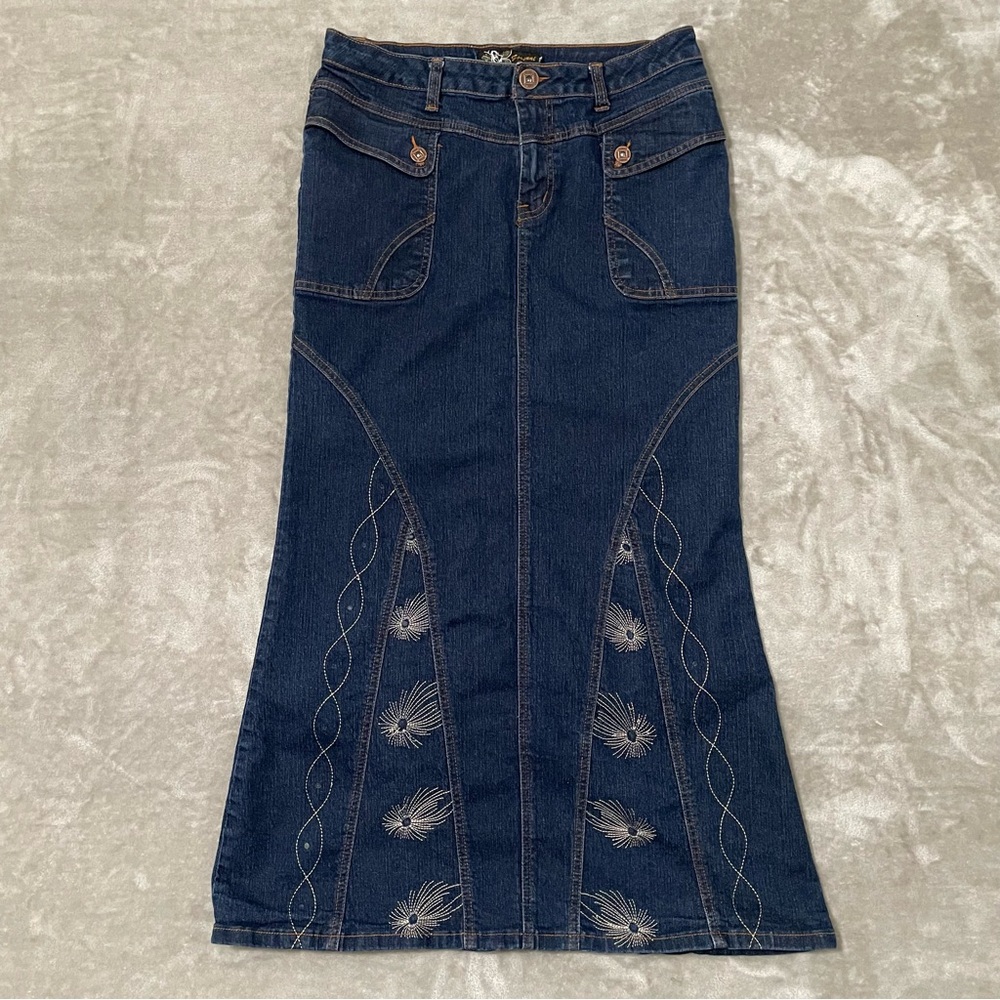 Govanni Jeans Embroidered Denim Maxi Skirt Flare Hem Blue Boho Western Size 9/10